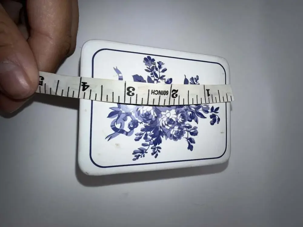Vintage Blue and White Floral and Plaid Stoneware Trinket Box Made in Thailand